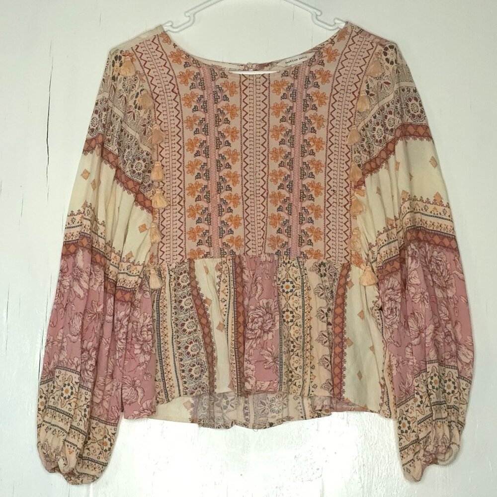 American Eagle Outfitters Long Sleeve Floral & Paisley Peasant Top S Boho Retro